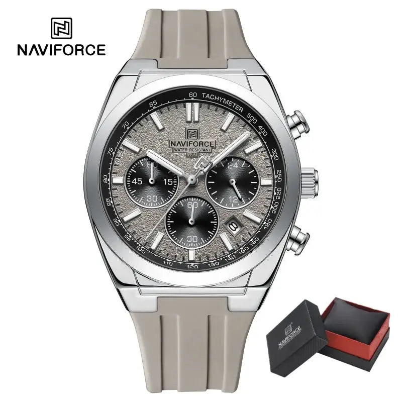 NAVIFORCE men's chronograph watch with beige silicone strap and silver case; 30m water resistant, gift box included