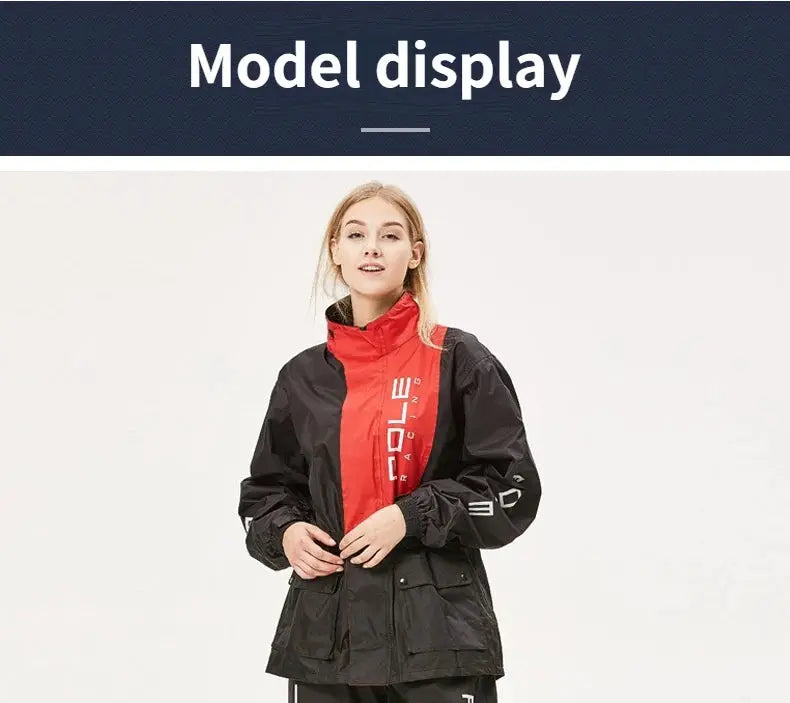 Pole motorcycle raincoat set with jacket and pants; red panel, black shell, breathable waterproof reflective trim.