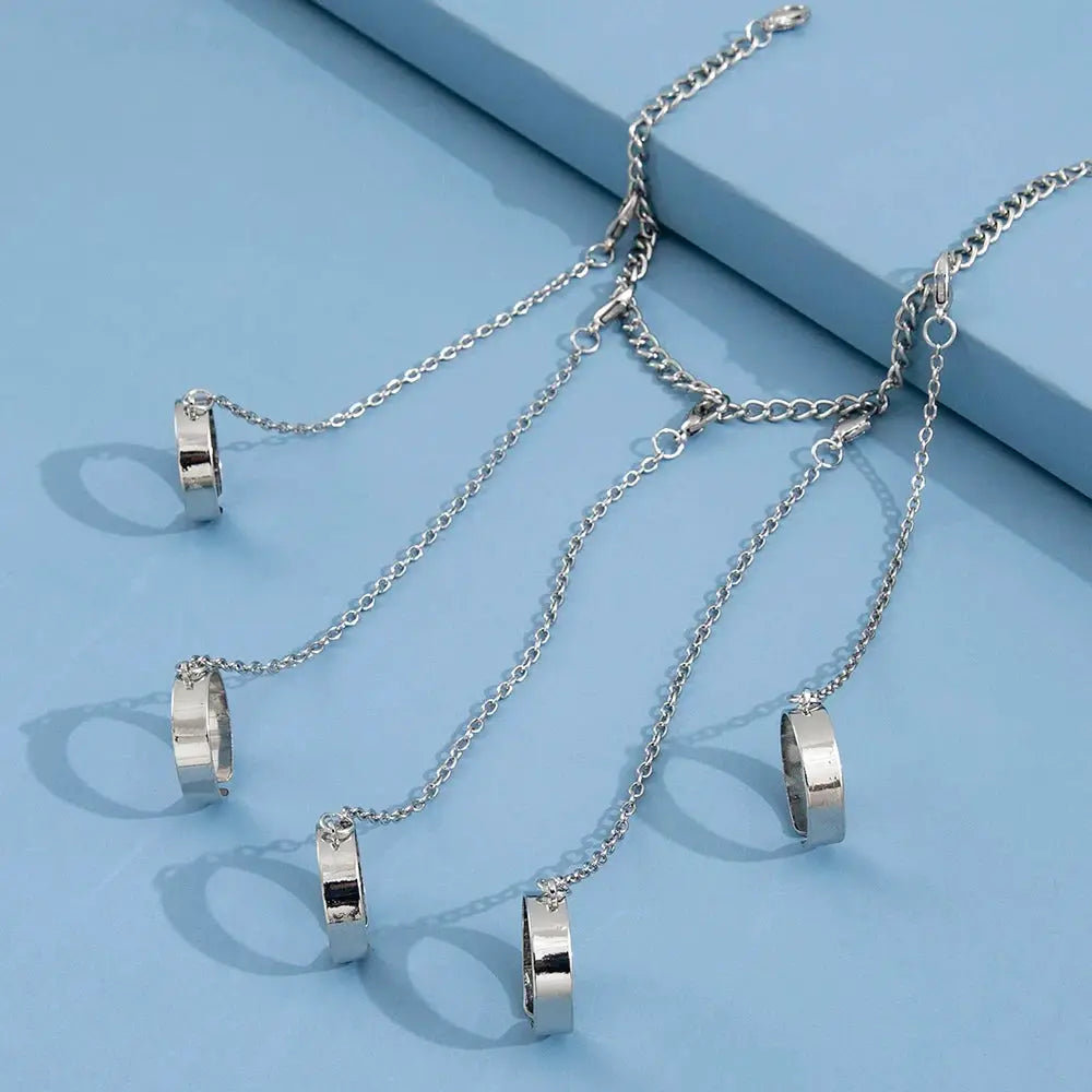 Ins Style Hip Hop Punk Silver Tone Five Finger Connected Mitten Ring and Bracelet for Women Daily Wear or Party