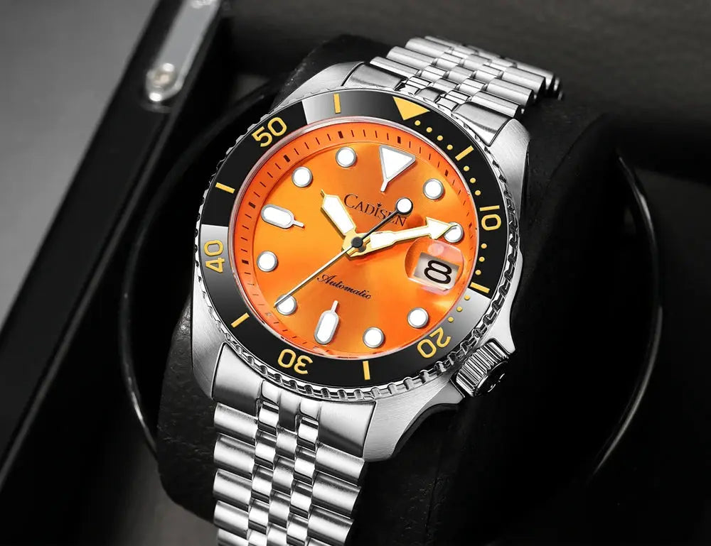 CADISEN men’s automatic wristwatch with orange dial, black ceramic bezel, stainless steel bracelet