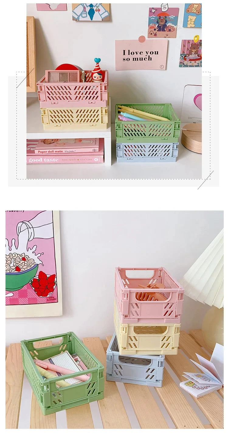 6-color foldable plastic storage baskets; Simples Market in pink, yellow, green, blue, cream, gray