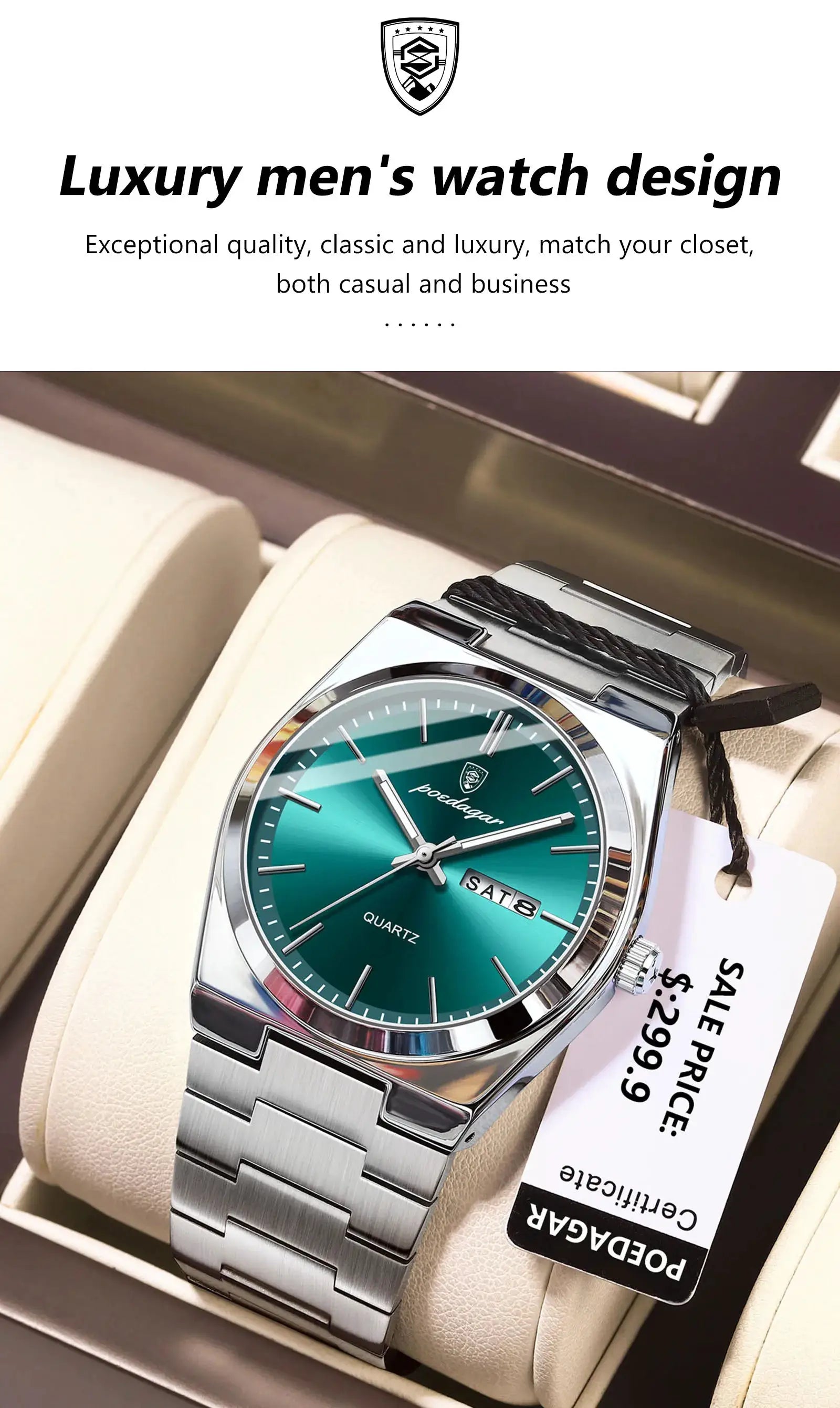 POEDAGAR men's luxury stainless steel wristwatch with teal dial, date window, waterproof