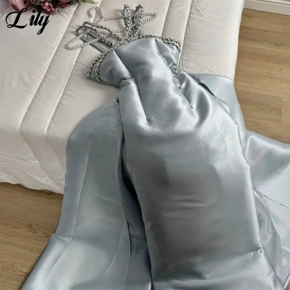 Lily Light Blue Prom Dress With Shiny Beading Halter Detachable Train