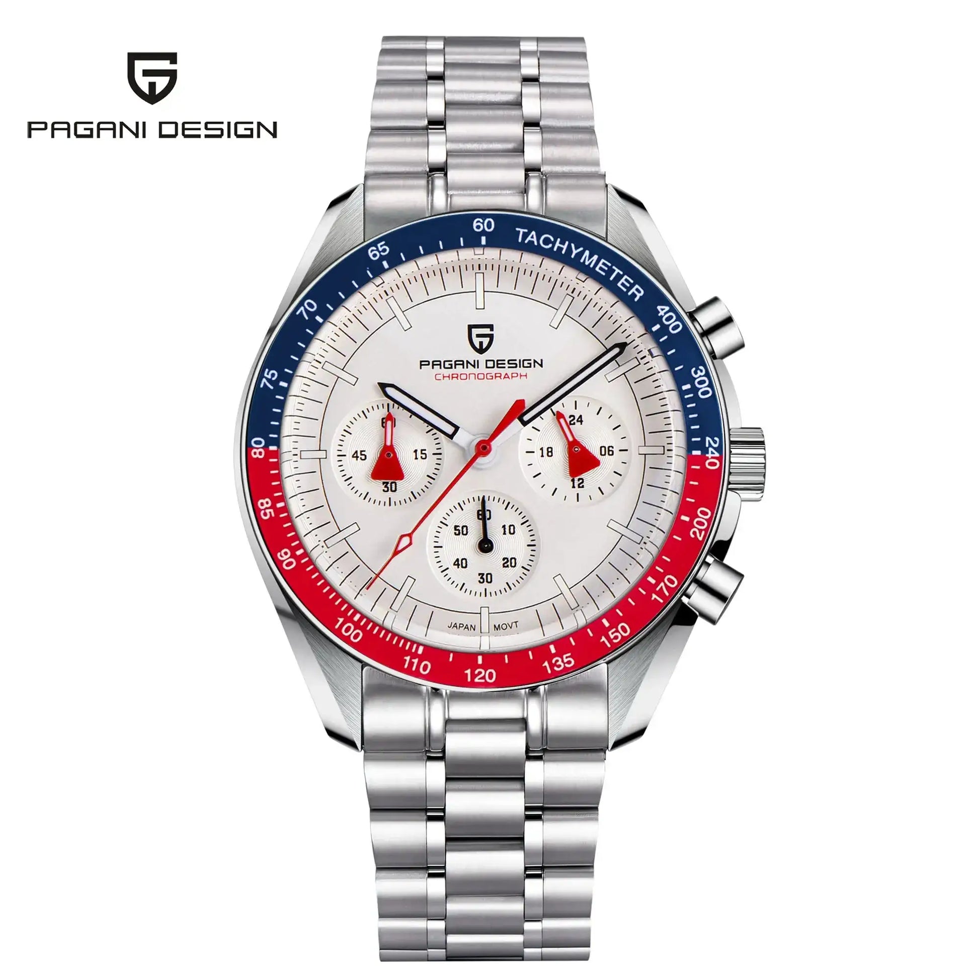 Pagani Design AK Project Mars men's chronograph watch with stainless steel bracelet and blue tachymeter bezel