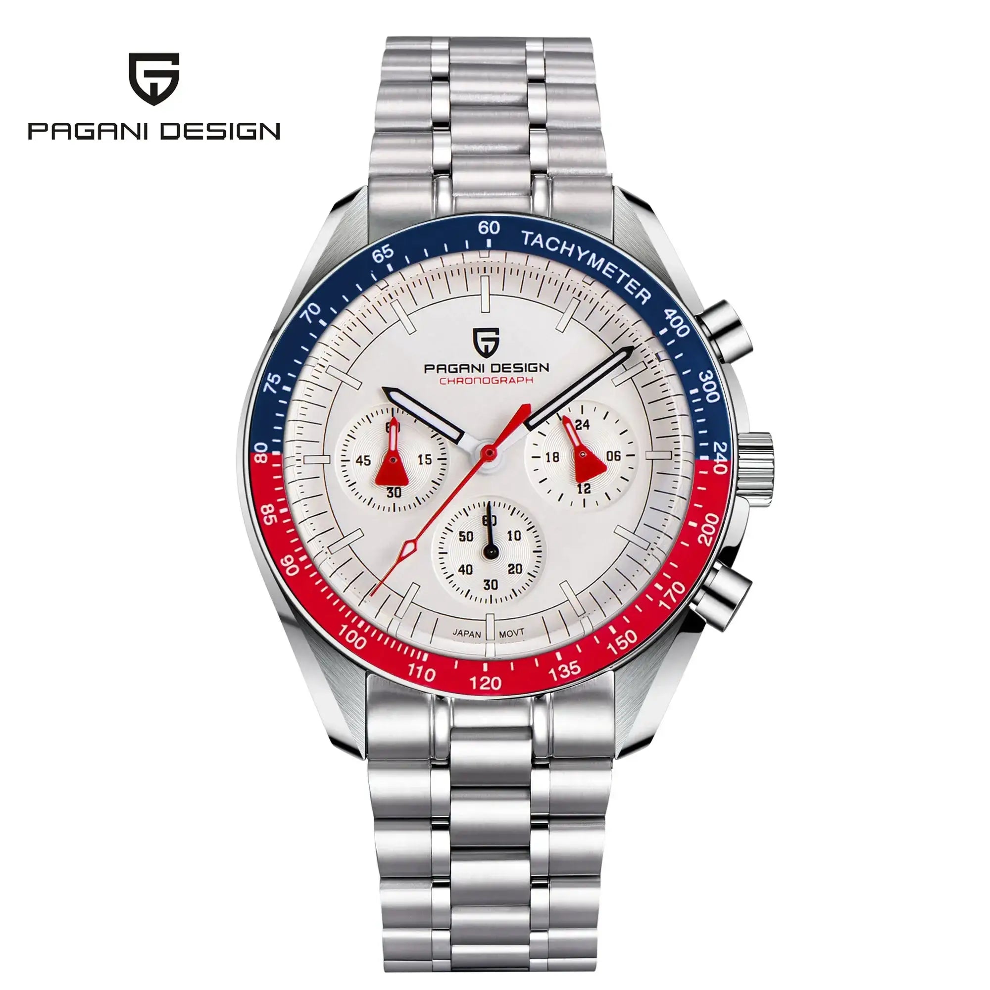 Pagani Design AK Project Mars men's chronograph watch with stainless steel bracelet and blue tachymeter bezel