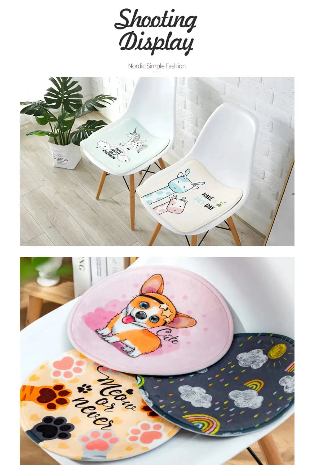 Chair cushions set with cartoon cats and animal prints; 5 cushions total, soft breathable fabric, Simples Market