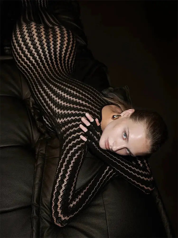 Tossy black see-through long-sleeve mesh jumpsuit for women with wrap hollow-out design