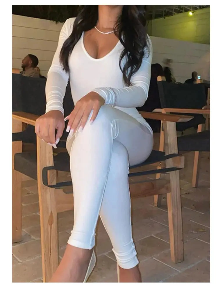 Women's white long-sleeve skinny jumpsuit by Simples Market, solid color pullover casual wear