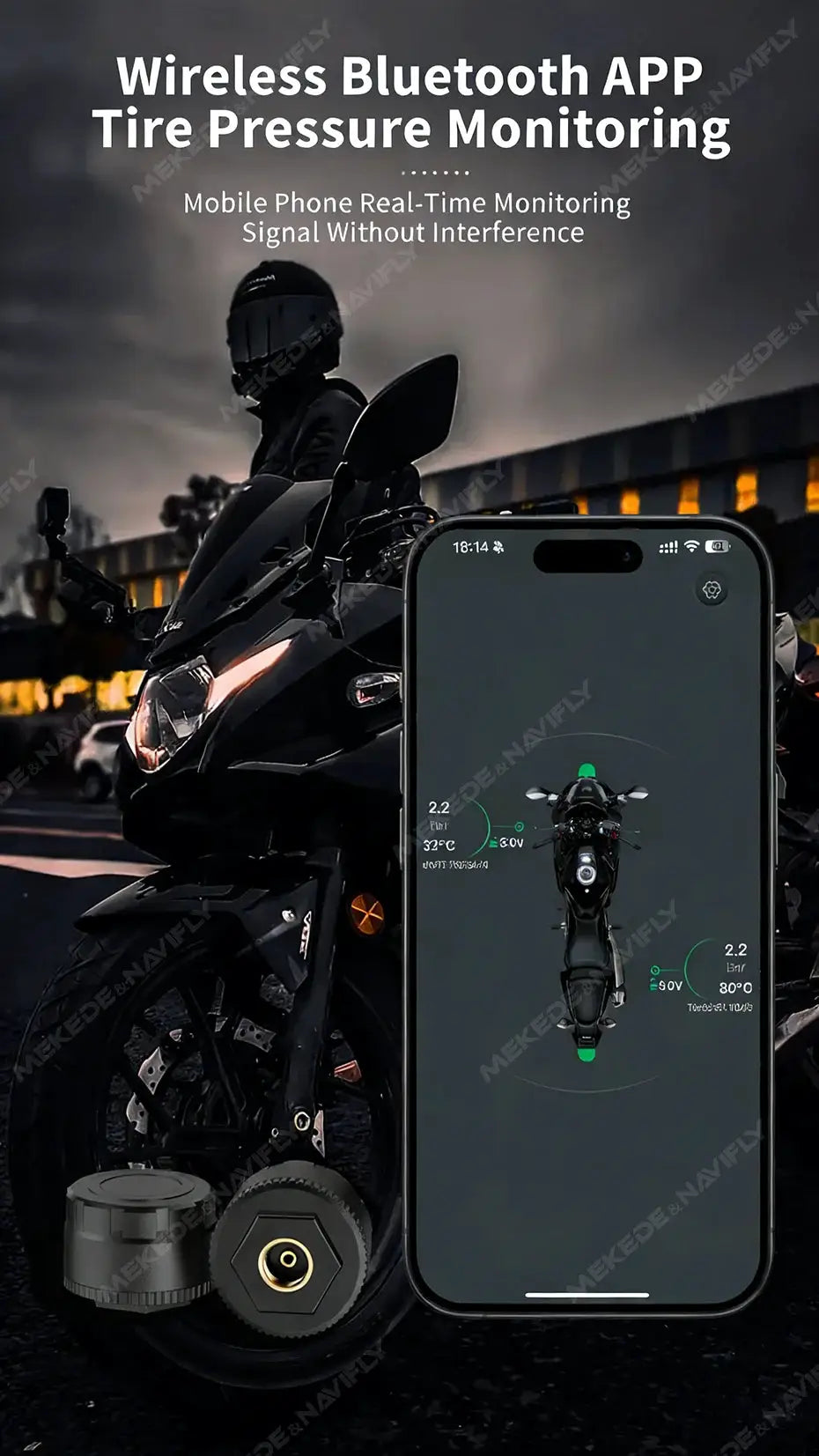 Navifly TPMS tire pressure monitoring system for iOS/Android with Bluetooth app display on motorcycle