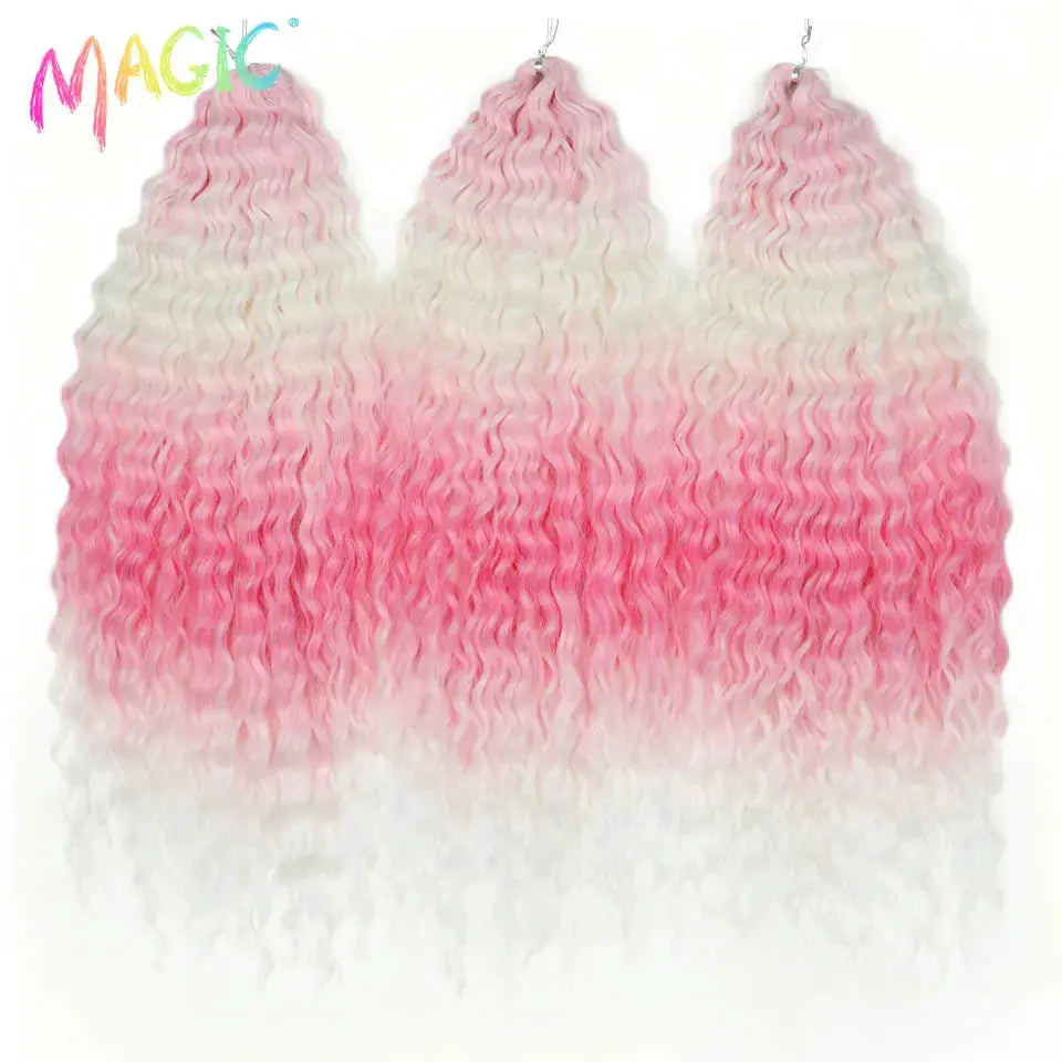 Magic Ariel Curl water-wave crochet hair extensions, 3 pink-to-white ombre bundles, 22in