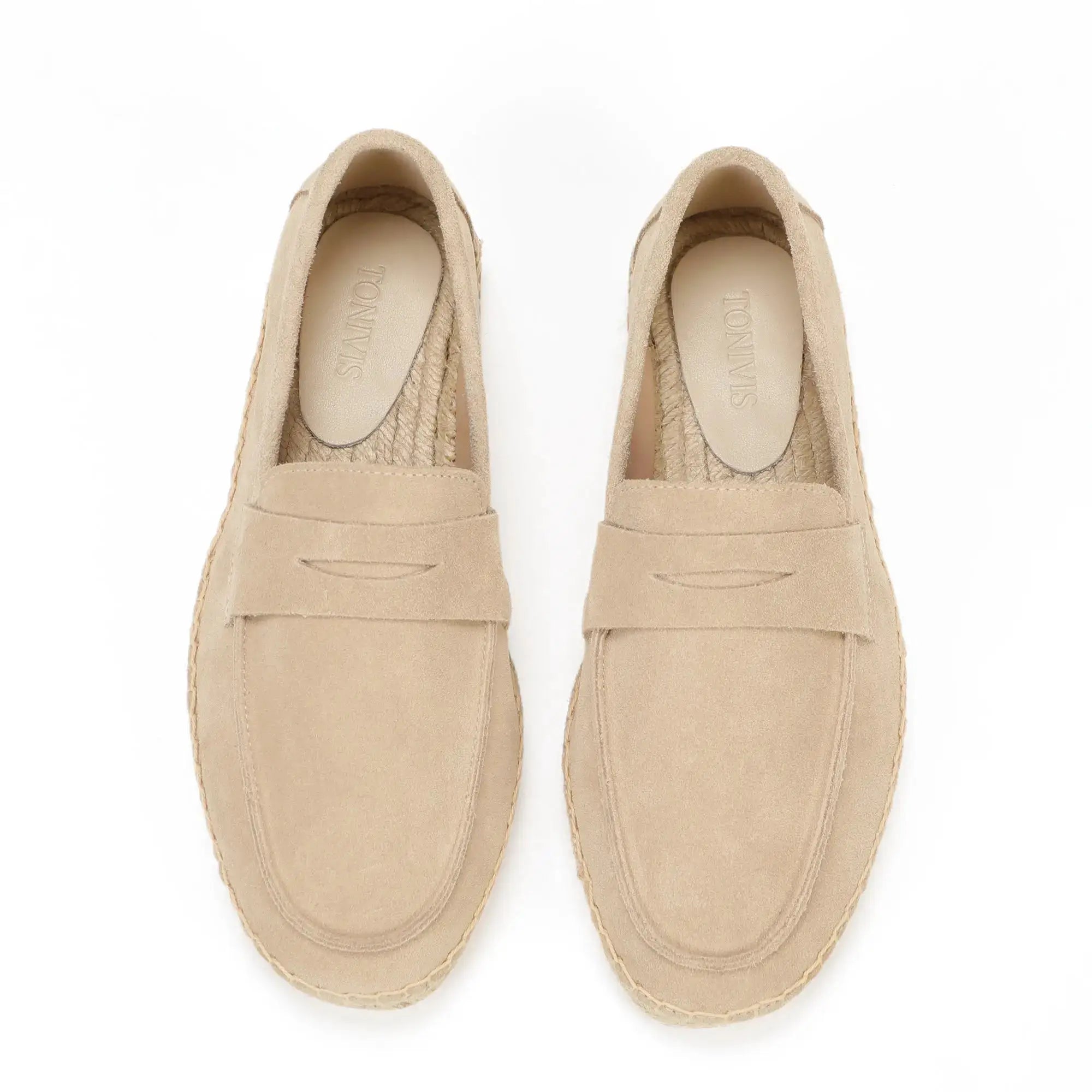 Men's beige jute espadrille slip-on loafers by Simples Market in cow suede leather, pair