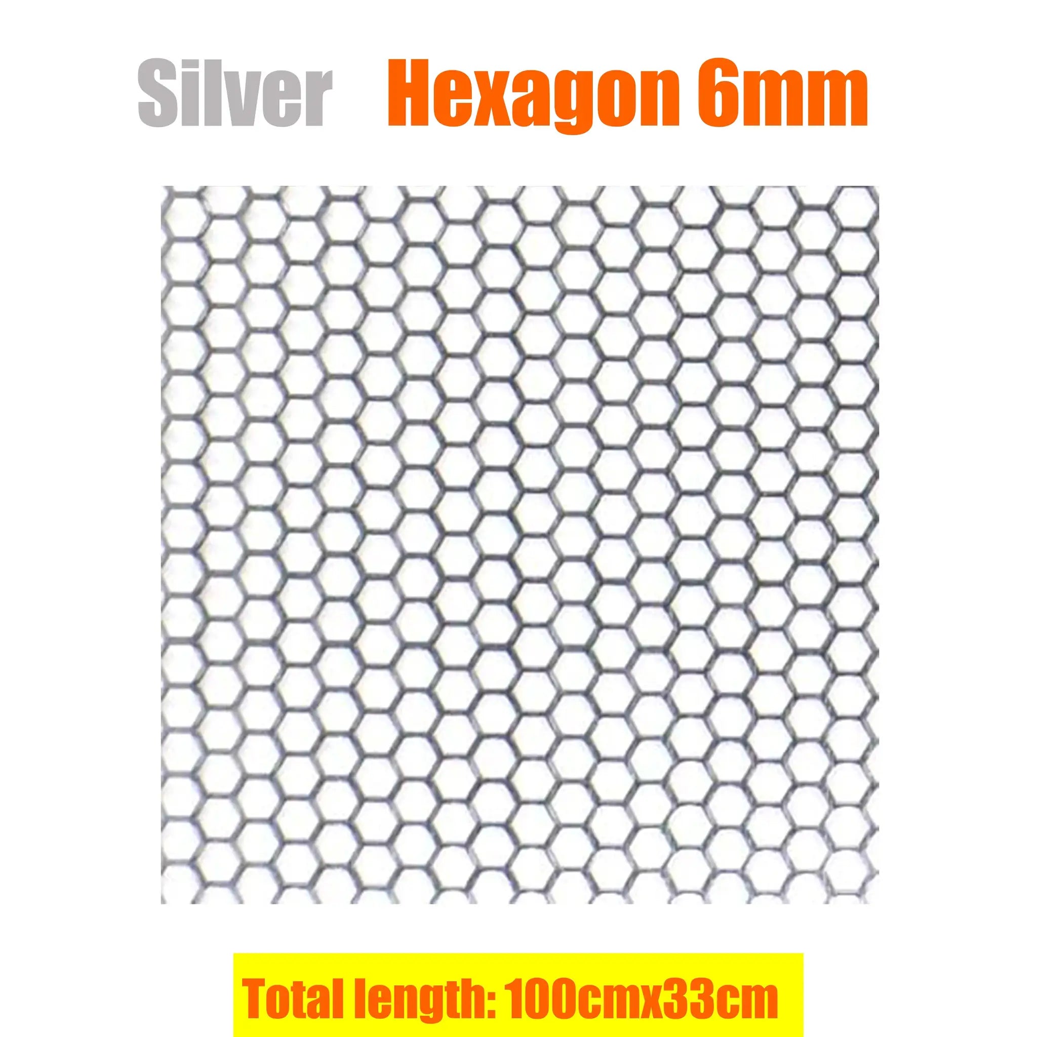 Aluminium bumper grille mesh, silver hexagon 6mm, 100cm x 33cm