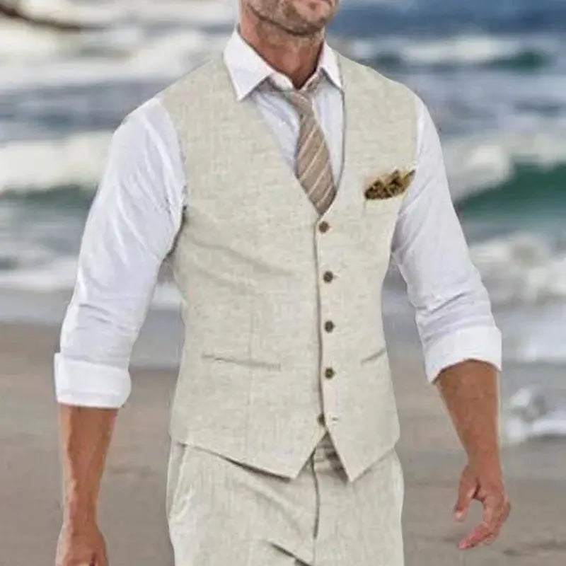Beige linen waistcoat with matching pants for men, white shirt and tan tie on beach wedding look