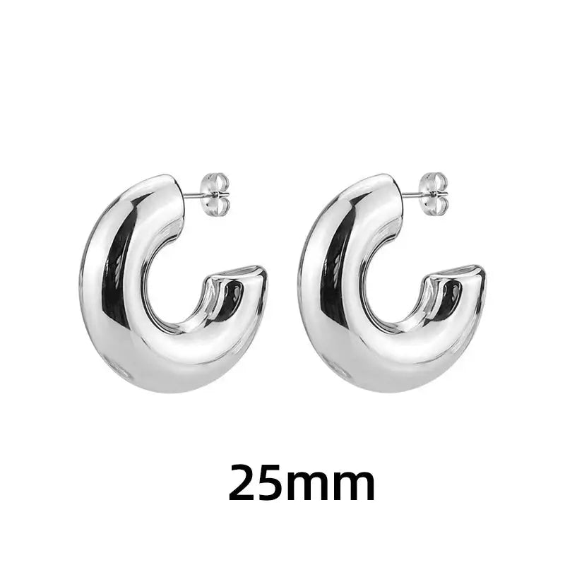 Simples Market 2-piece silver chunky hoop earrings, round C-shaped 25mm stainless steel