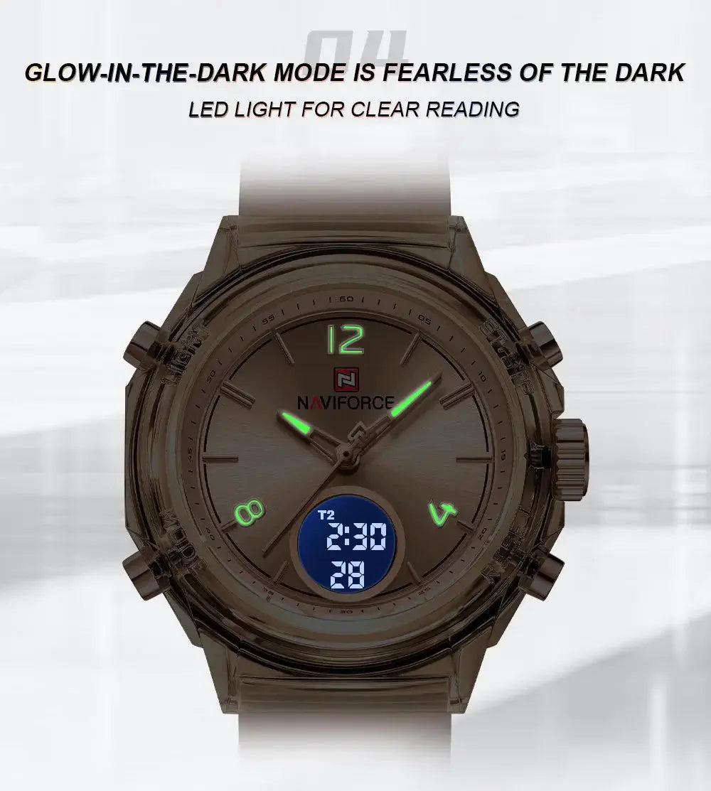NAVIFORCE women's sports watch with rubber strap, waterproof, dual time, luminous green digits