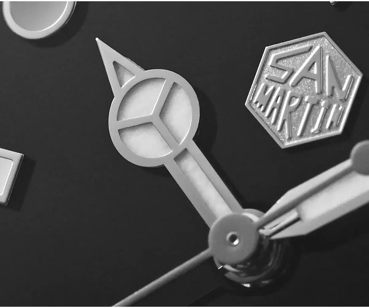 San Martin Water Ghost 40mm diver watch dial close-up with SAN MARTIN logo badge