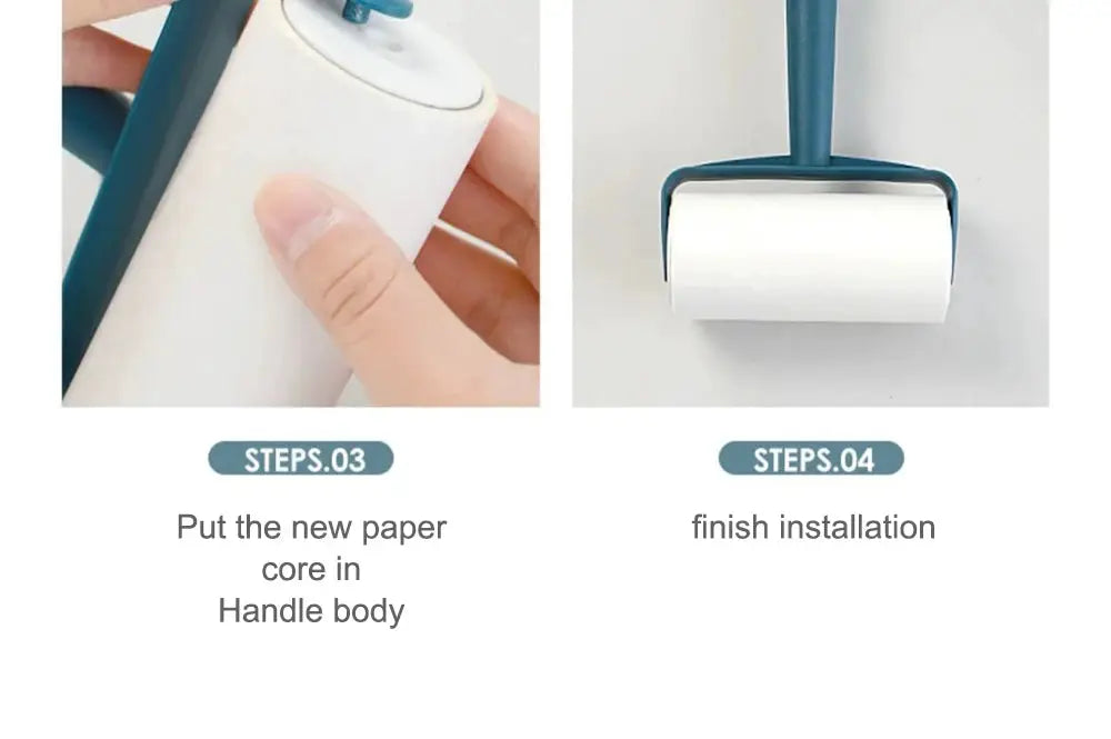 Simples Market tearable roll paper sticky roller brush with blue handle and white roller for pet hair removal.