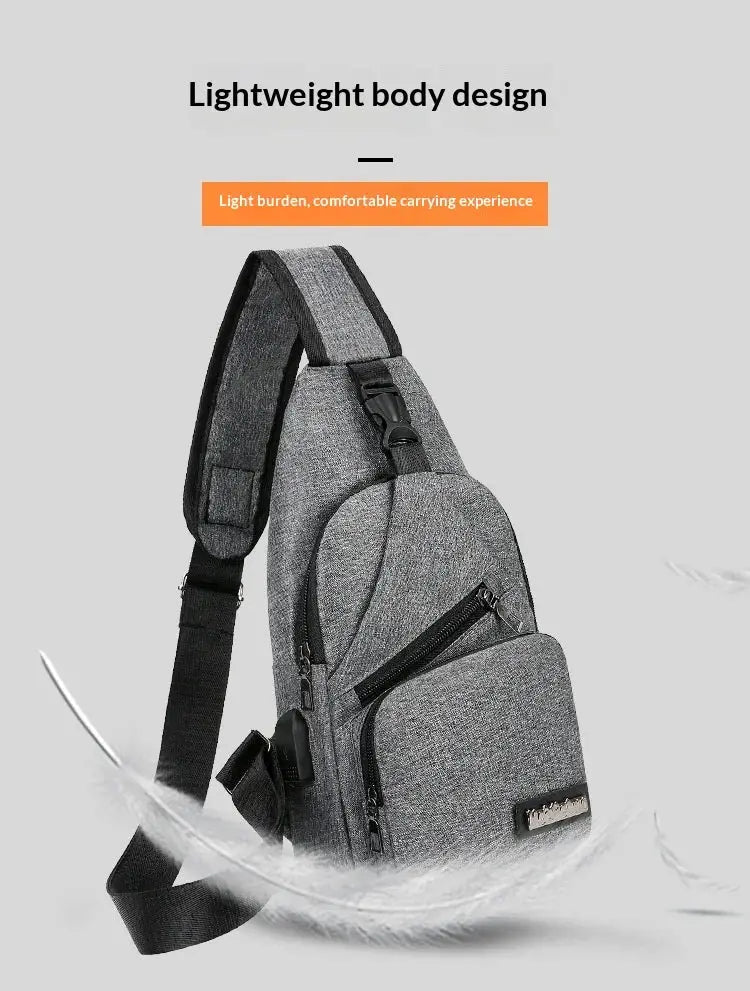 Simples Market men's chest bag in grey canvas, lightweight crossbody with zip pockets