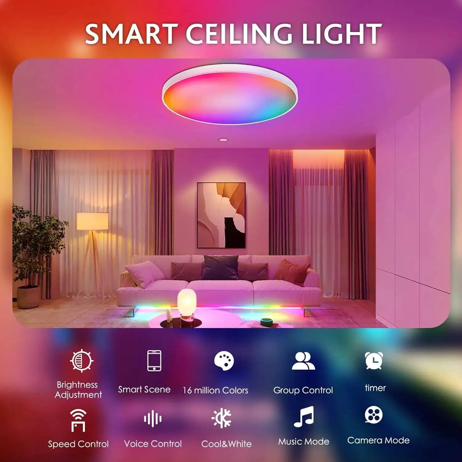 Round RGBCW smart LED ceiling light by Simples Market, WiFi/Zigbee, app and voice control