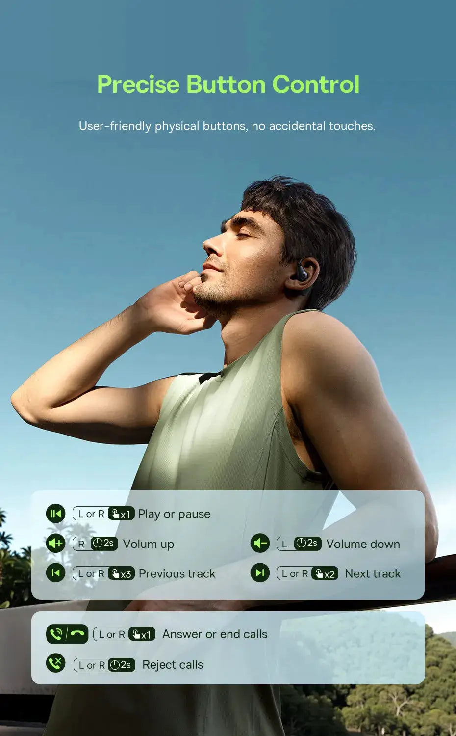 Baseus Eli Sport 2 open-ear wireless earphones, black sport earbuds worn by a man outdoors.