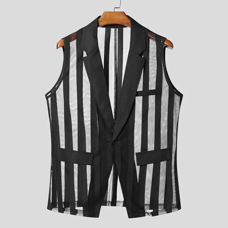 Men's mesh striped sheer vest with lapel, sleeveless, black vertical stripes and two front pockets.