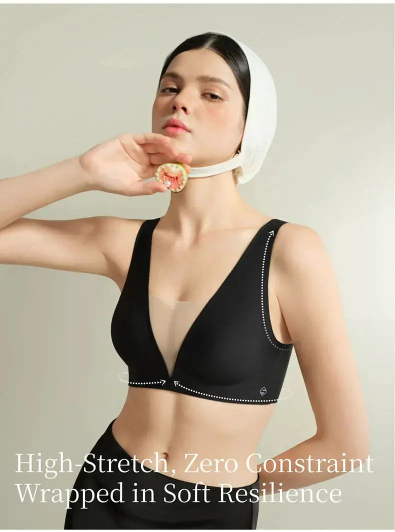 SUJIIN seamless plunge bra by Simples Market, wireless black with nude mesh panel, high-stretch