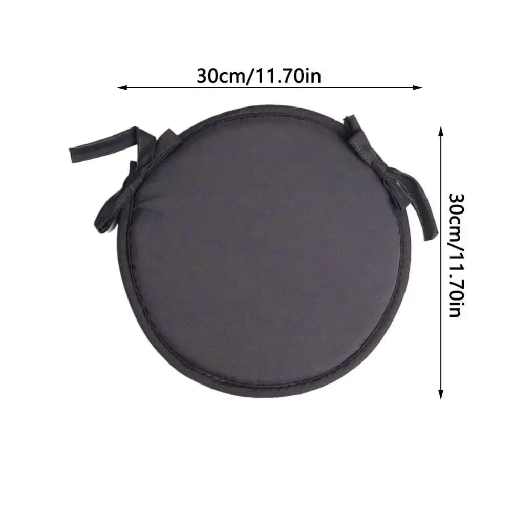 Round chair pad, 30 cm diameter, thick sponge cushion in dark color with drawstring, washable cover.