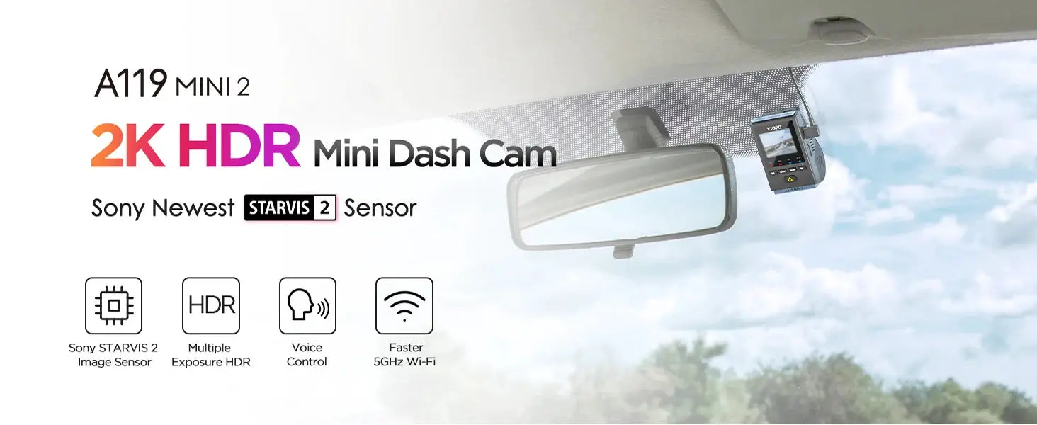 VIOFO A119MINI-2 dash cam with 2K HDR, Sony STARVIS 2 sensor, voice control, and 5GHz Wi-Fi
