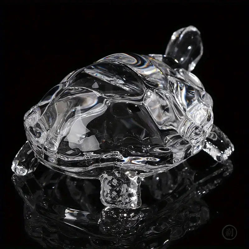 Crystal turtle figurine; clear glass feng shui desk ornament for home or office.