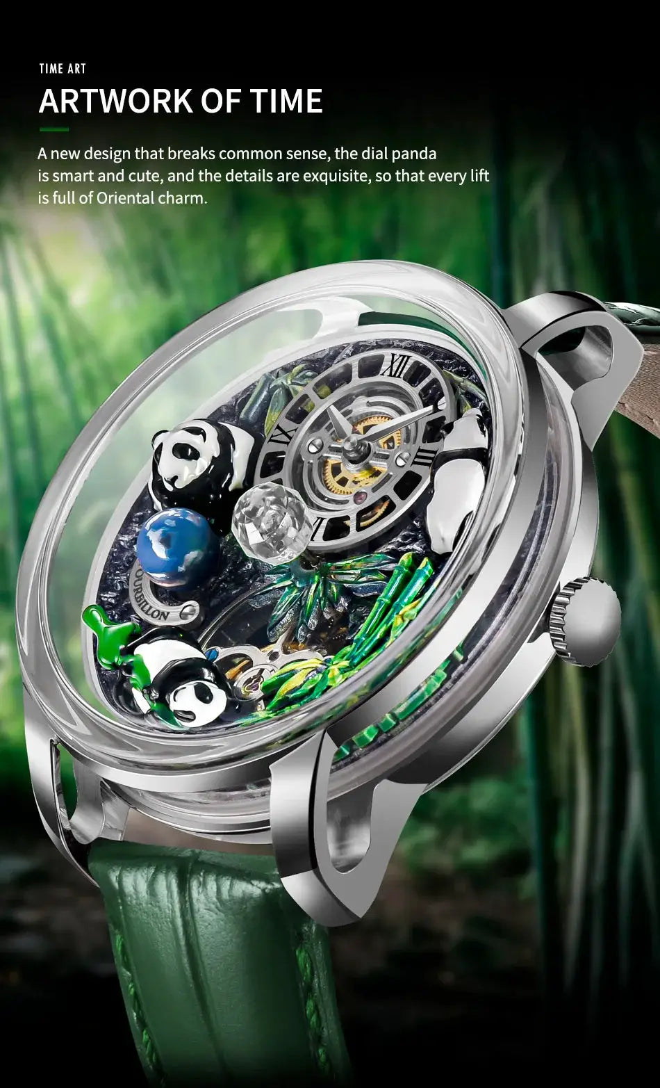 Panda skeleton watch with rotating crystal ball, transparent globe, visible gears, green leather strap.