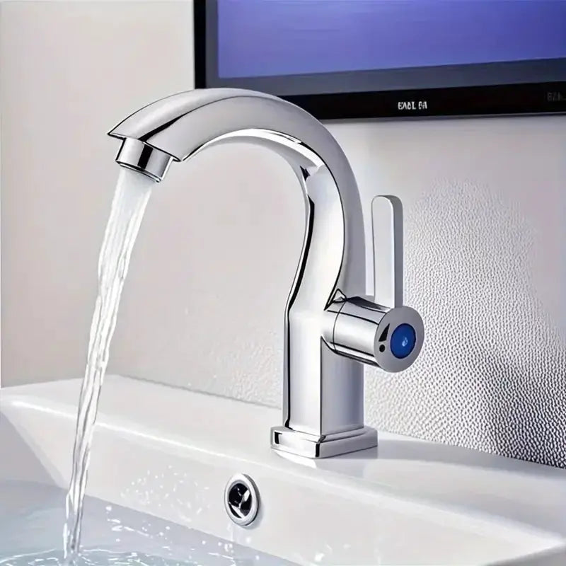 Chrome bathroom faucet with single-hole install, curved spout, and side lever
