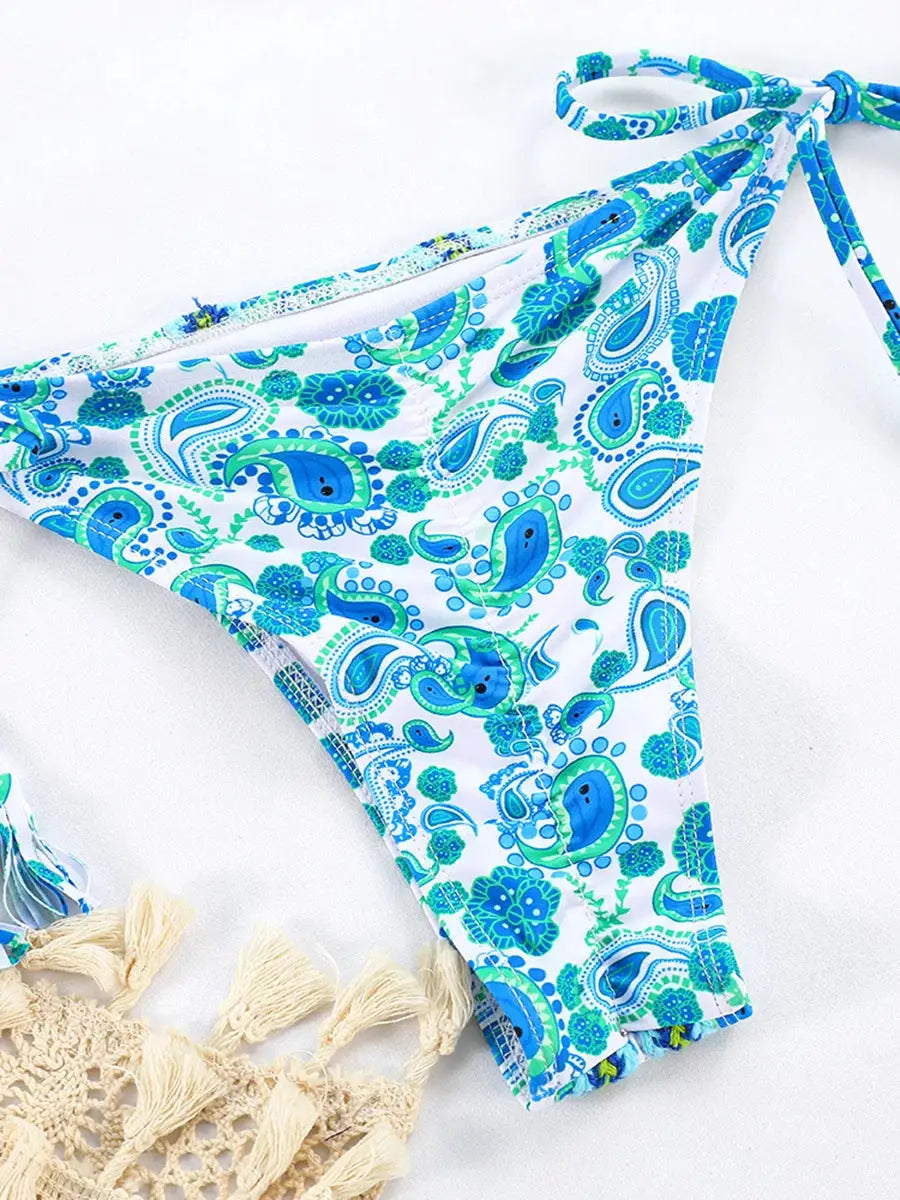 Simples Market two-piece bikini bottom in blue-green paisley print with side ties