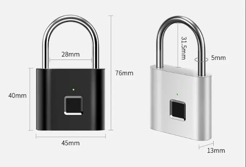 Two Simples Market keyless smart fingerprint padlocks in black and silver with USB charging