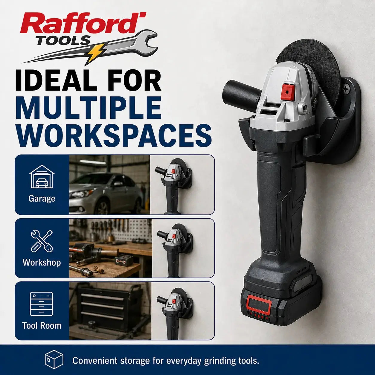 Rafford angle grinder wall mount holder by Simples Market; heavy-duty, gray/black, space-saving tool storage on wall.