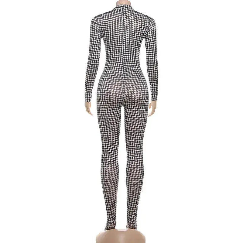 Shestyle plaid bodycon jumpsuit for women, black and white houndstooth, turtleneck, full-length.
