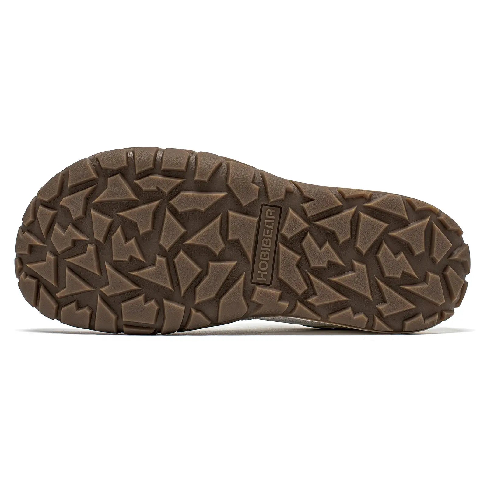 HOBIBEAR barefoot hiking shoe outsole in brown with rugged lug pattern