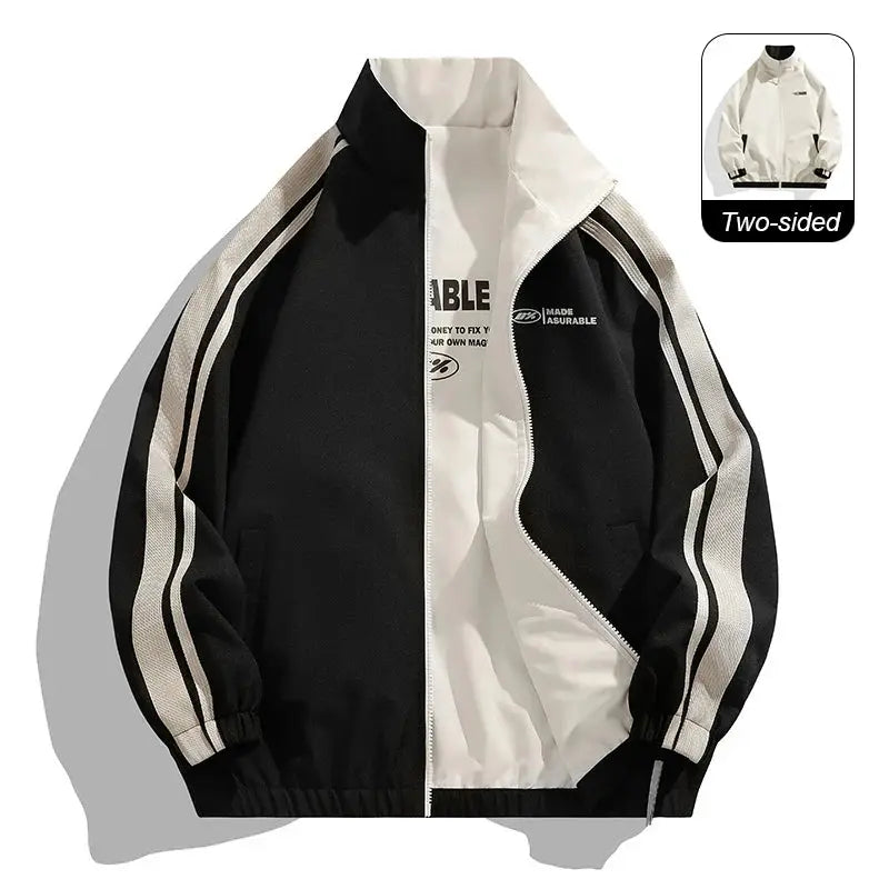 Two-sided reversible windproof jacket by Simples Market, black and white, long-sleeve outdoor coat.