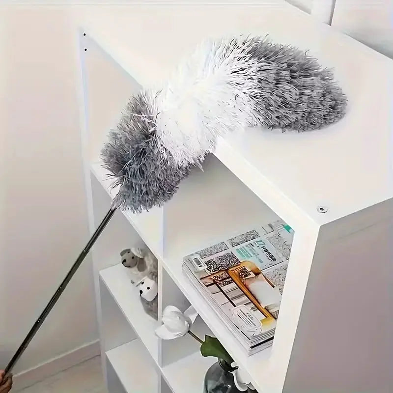 Duster with Extension Rod and retractable microfiber brush, grey and white, reusable and washable