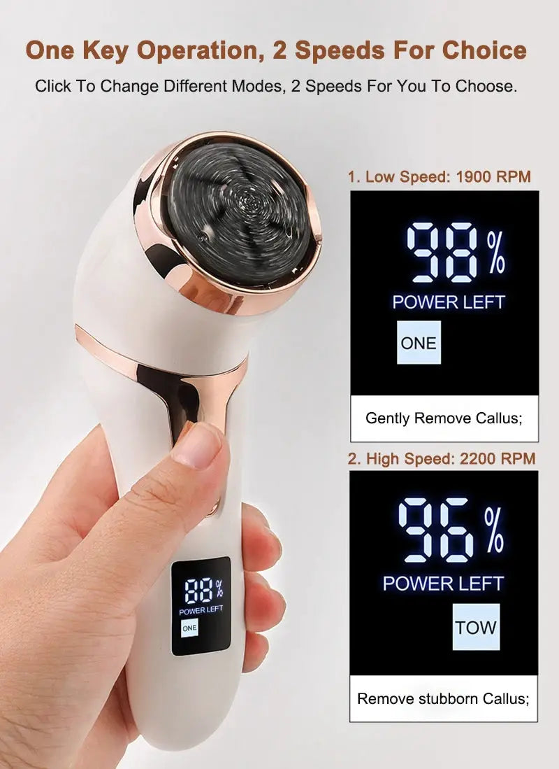 Simples Market electric pedicure tool with rose-gold trim and white body, handheld foot file with digital display