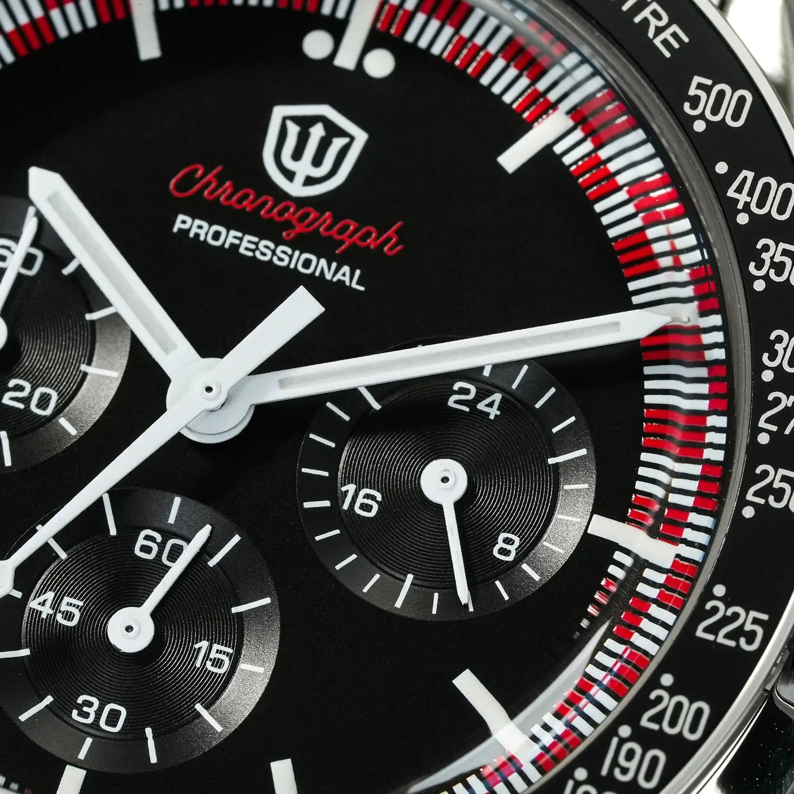Watchdives WD1863 chronograph watch dial: black face, three subdials, white hands, red Chronograph text, bezel