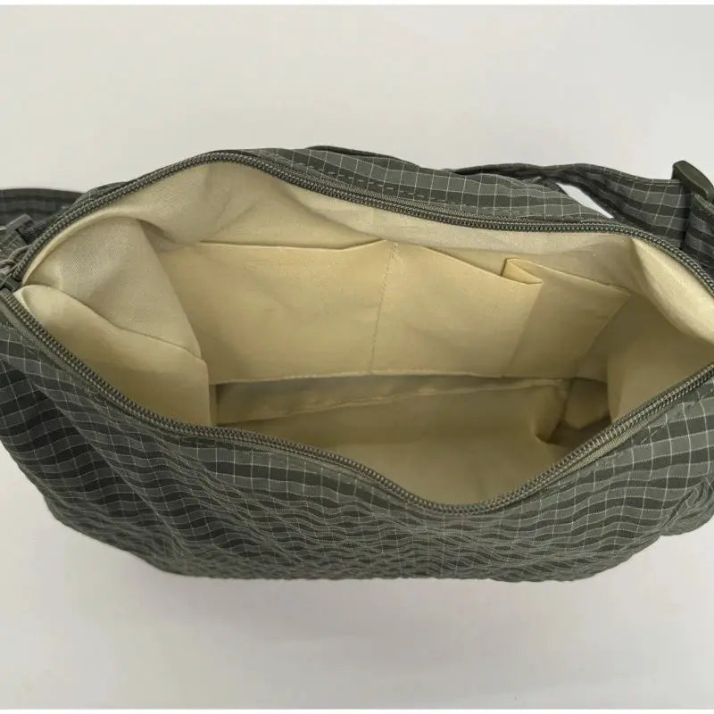 Korean nylon shoulder bag by Simples Market, gray plaid exterior with beige lining and interior pockets.