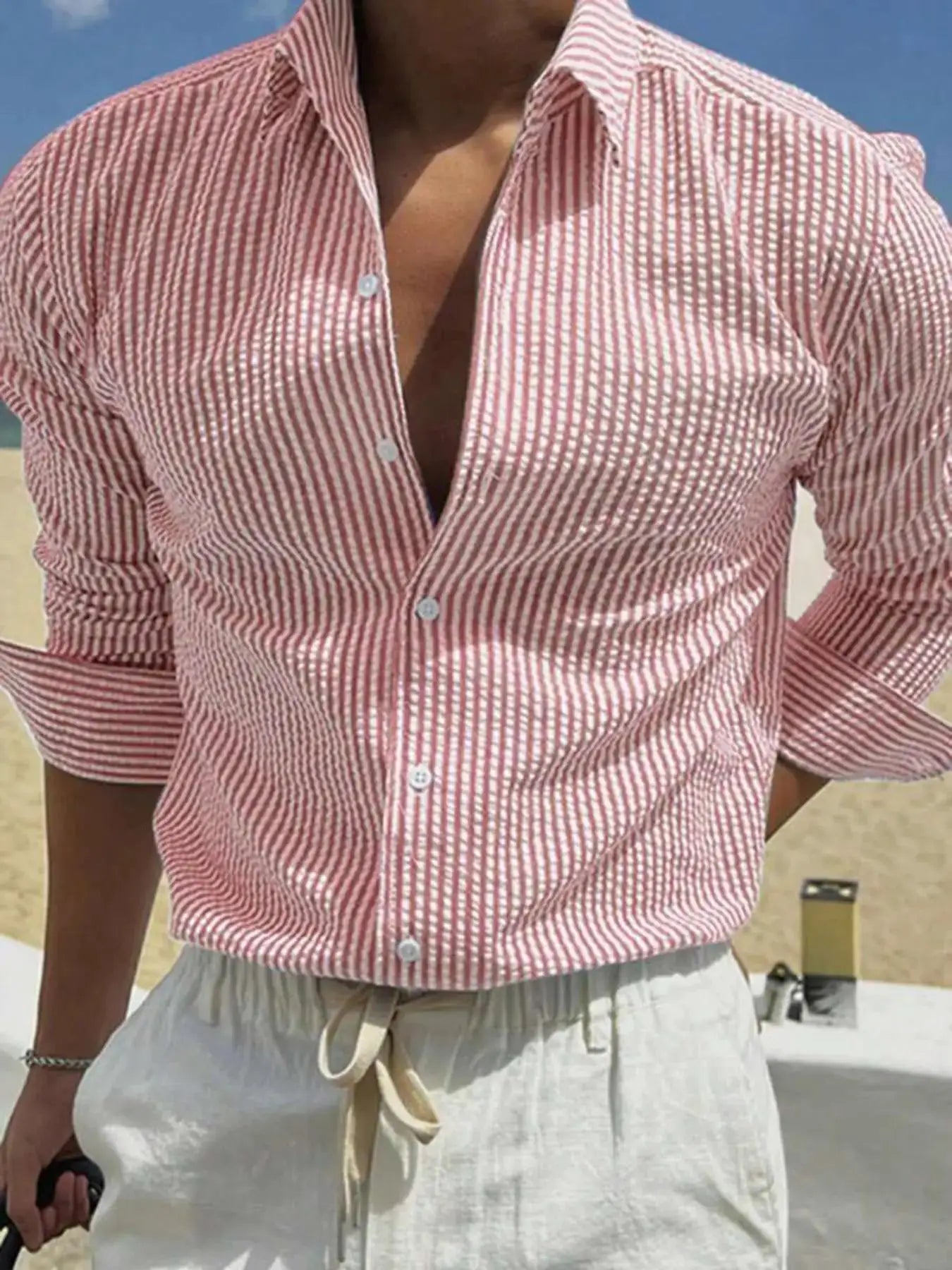 Men's red and white striped long-sleeve shirt, loose-fit casual button-down for outdoor wear