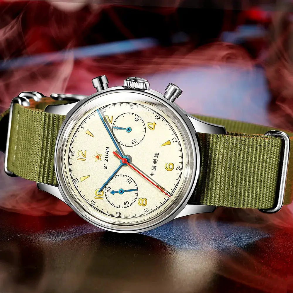 Red Star 38mm men's chronograph watch with beige dial, stainless steel case, and olive green NATO strap