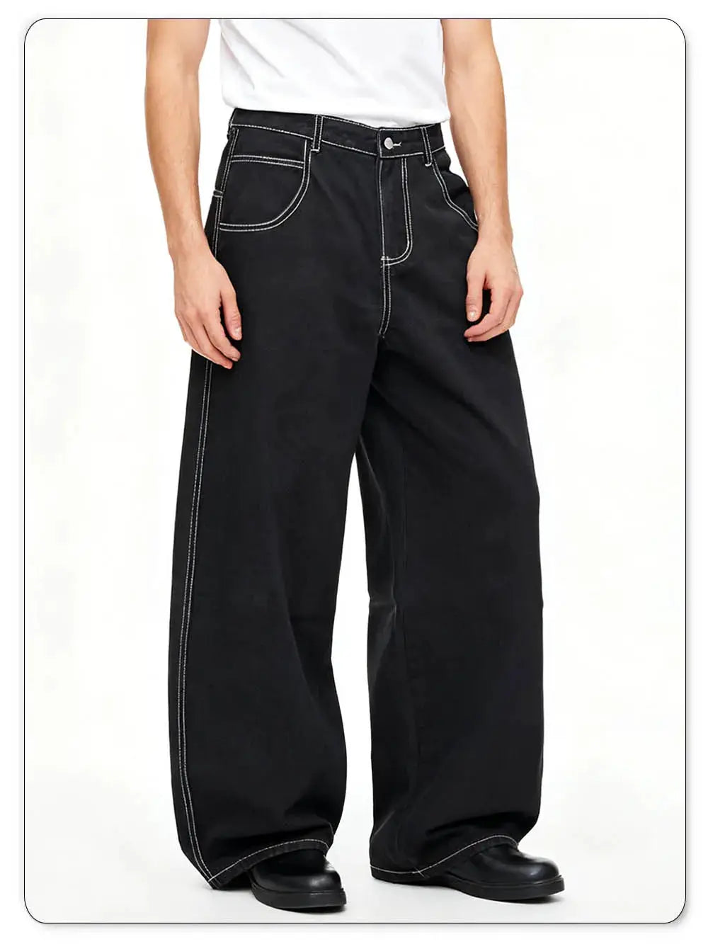 Denim jeans, black baggy wide-leg for men/unisex with white contrast stitching