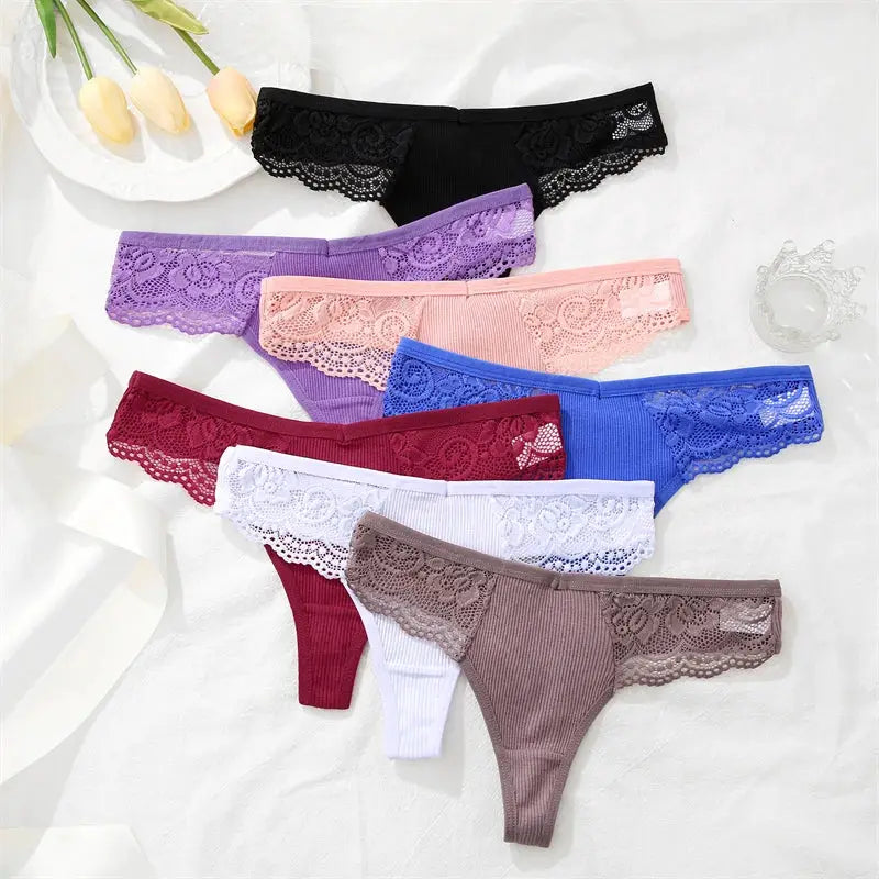Women's lace thong panties set in assorted colors with cotton-blend fabric and low-rise bikini fit