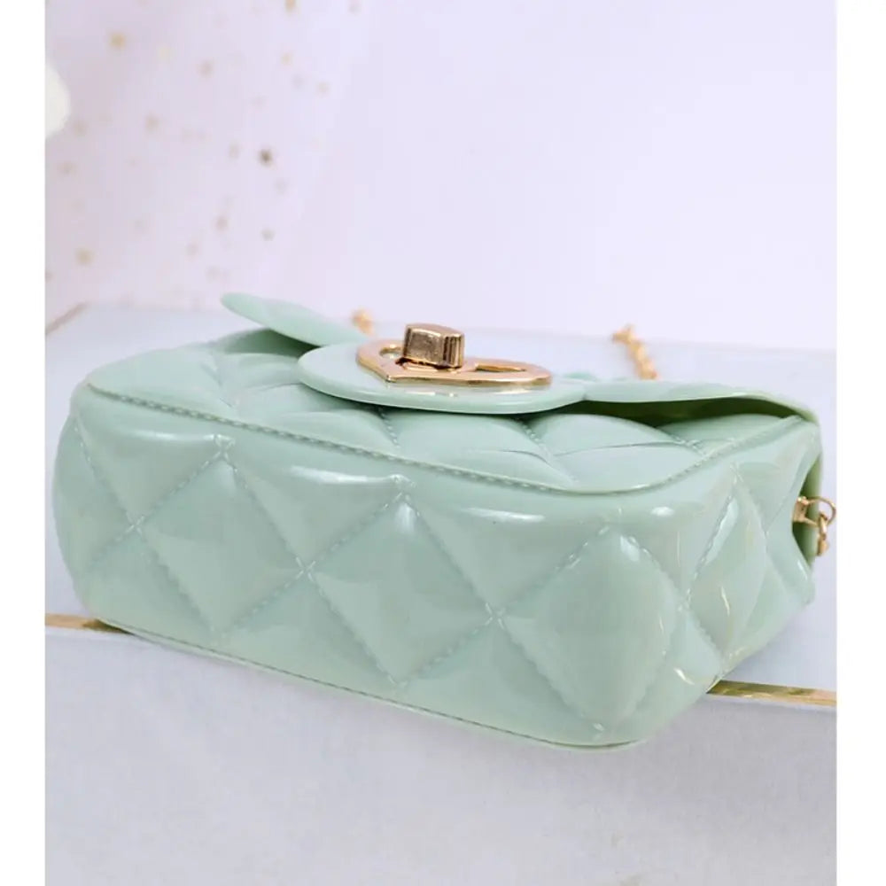 Kids PU leather crossbody jelly bag in mint green with quilted pattern and gold-tone hardware