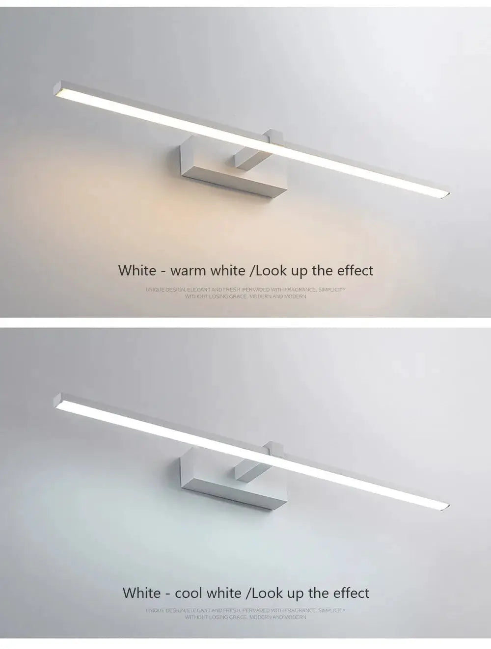 LED wall lamp for bathroom, white finish; flat waterproof LED bar lighting (warm white and cool white variants).