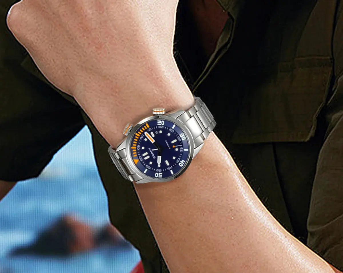 BERNY automatic dive watch for men with stainless steel bracelet, blue dial and orange accents