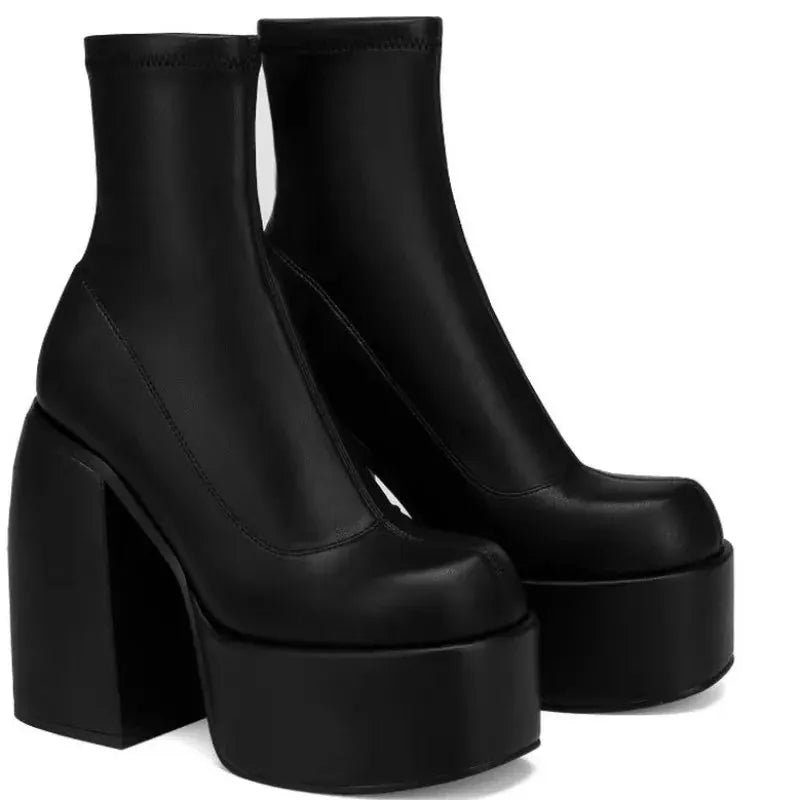 VivaModa Women Short Boots Leather Square Toe Zipper High Heels Thick Sole Winter Boots