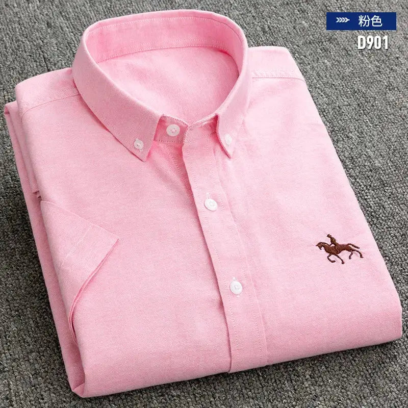 Men's pink short-sleeve oxford shirt, 100% cotton with button-down collar and small embroidered horse logo